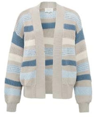 Yaya Textured Cardigan With Knitted Stripes Or Wind Chime Dessin - Blu