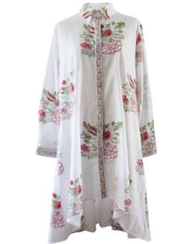 Powell Craft Block Printed Floral Bird Cotton Shirt Dress Natalia - Grigio