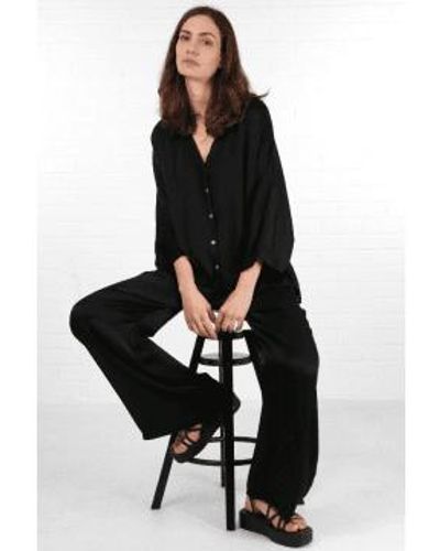 MSH Oversized Button Down Silk Textured Blouse - Black