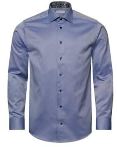 Eton Camisa sarga texturizada corte slim en azul medio con ribete en contraste 10001059225