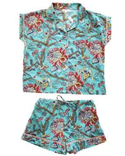 Powell Craft Ladies Orchid Print Cotton Short Pajama Set S/m - Blue