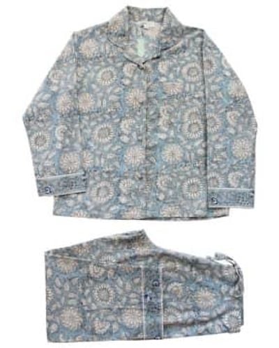Powell Craft Block Printed Cornflower Cotton Pyjamas Cotton - Grey