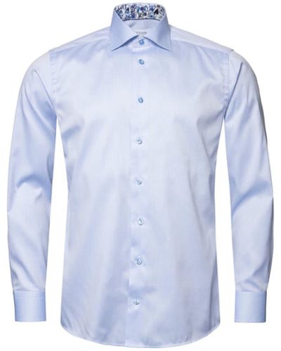 Eton Sky Blue Contemporary Fit Signature Cotton Twill Shirt With Contrast Blue Details