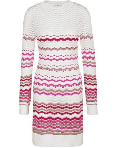 Riani White Patterned Sheer Zigzag Printed Long Sleeved Dress - Red