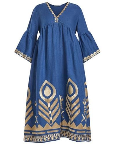 Greek Archaic Kori Bell Sleeve Long Feather Dress Indigo/gold - Blue