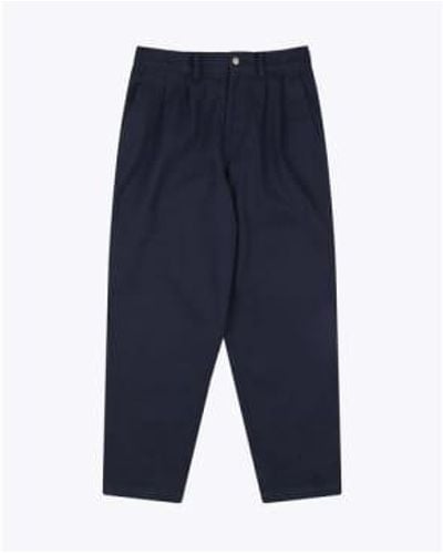 Wemoto Fletcher Navy Cotton Twill Pleated Trousers S - Blue