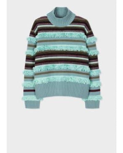 Paul Smith Pull col roulé rayures & franges taille: l, col: bleu mu - Vert