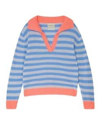 Jumper 1234 Cashmere Striped Collar Wedgewood Coral 3 - Blue