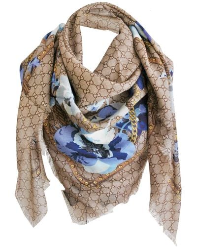 Gucci Ssima Scarf Made Of Soft Wool And Silk Blue Flowers Print