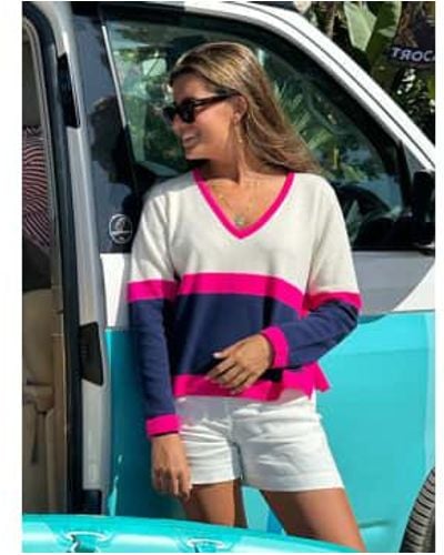 Vilagallo Bloque color suéter tejido punto ecru, army & pink - Verde