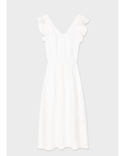 Paul Smith Embroided Assymetric Frill Shirt Dress Size: 14, Col: White