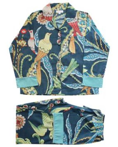 Powell Craft Floral Exotic Bird Print Cotton Pyjamas - Blu