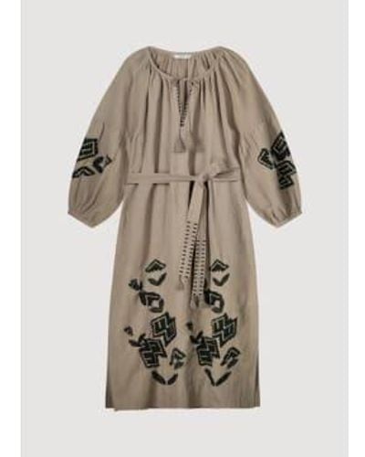 Summum Long Cotton / Linen Dress With Embroidery 34 - Natural