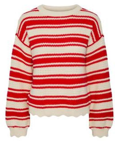 Pieces Scallop Edge Stripe Sweater - Red