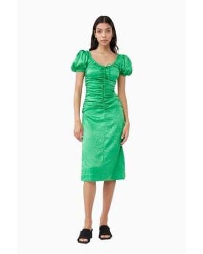 Ganni Crinkled Satin Gathered U-neck Midi Dress 34 / Bright Female - Green