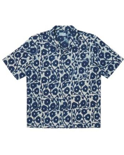 Universal Works Road Shirt In Hand Print Cotton - Blu