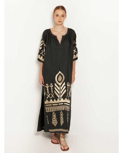 Greek Archaic Kori Charcoal And Gold Midi Feather Dress - Black