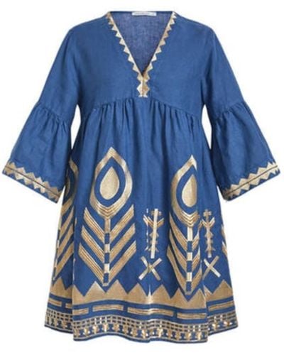 Greek Archaic Kori Feather Chevron Short Dress Indigo/gold - Blue
