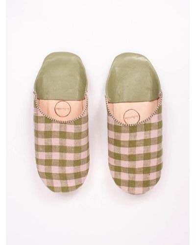 Bohemia Designs Margot Linen Babouche Slippers Olive Check Small - Green