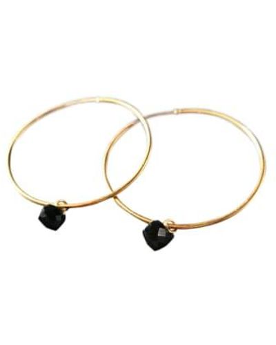 silver jewellery Black Onyx Hoop Earrings 4cm - Metallic