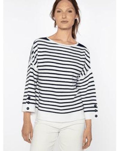 Kinross Cashmere Cashmere Stripe Button Sleeve Pullover In And Navy Lssd4 129 - Blu