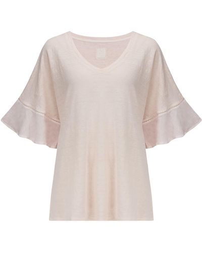 120% Lino Jersey Linen Frill Sleeve Top In Rose Soft Fade - Brown
