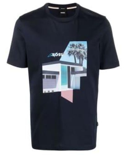 BOSS Dark Graphic Print Regular Fit T Shirt Xl - Blue