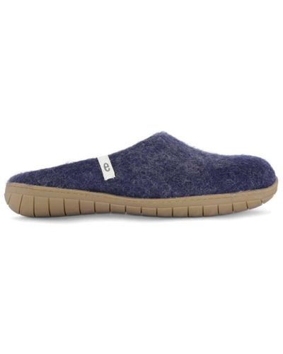 Egos Hand-made Navy Blue Felted Wool Slippers With Rubber Soles