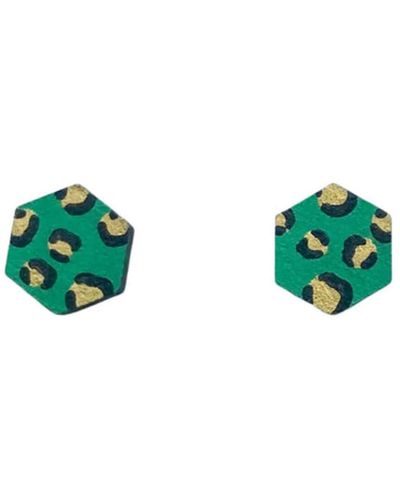 Ivy and Ginger Mini Hexagon Leopard Print Hand Painted Stud - Green