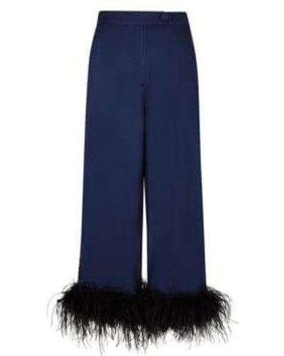 Kitri Apollo Navy Feather Satin Trousers 10 - Blue