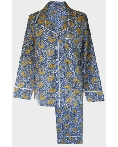 Lime Tree Design Cotton Block Print Pyjamas - Blue