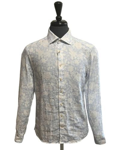 Stenströms Light Blue Floral Patterned Linen Slimline Long Sleeve Shirt - Gray