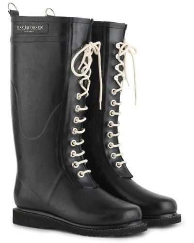 Ilse Jacobsen Long Black Rubber Lace Up Wellington Boots