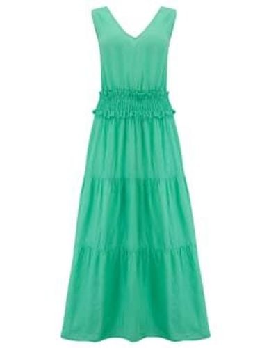 120% Lino 120 Sleeveless Tiered Dress In Emerald - Verde