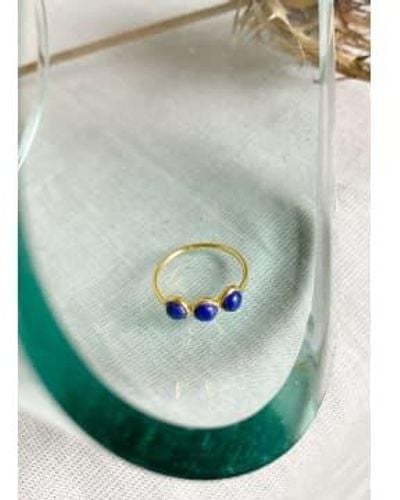 Une A Une Plated Ring With 3 Small Round Lapis Lazuli Stones. Size 52 - Green
