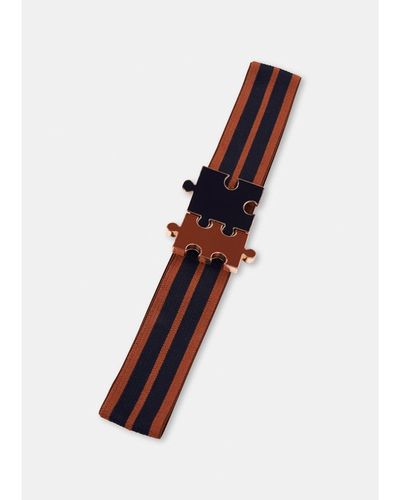Essentiel Antwerp Cinturón rayas con aceros en forma rompecabezas marrón / negro - Multicolor