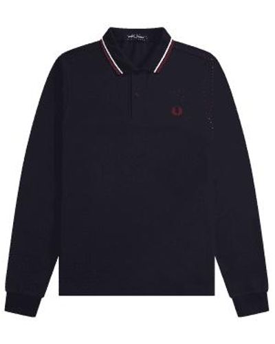 Fred Perry Authentic Long Sleeved Twin Tipped Polo , Snow White & Burnt Red - Blue
