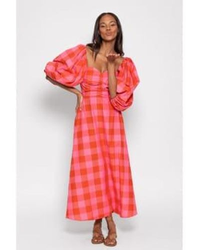 Sundress Sundren rosine gingham imprimer la robe à manches bouffantes taille: xs / s, col: - Rouge