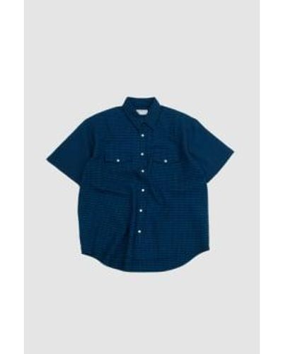 Universal Works Western Garage Shirt Gingham Seersucker Navy - Blue