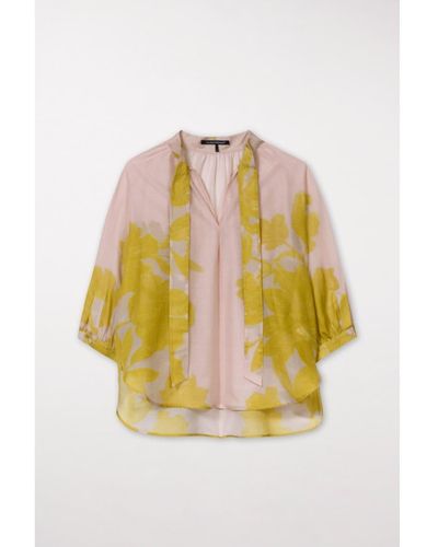 Luisa Cerano Dusty Blush Cotton Silk Blossom Printed Kimono Mix Blouse - Multicolore
