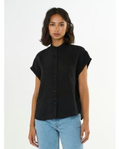 Knowledge Cotton Collar Stand Linen Shirt - Nero