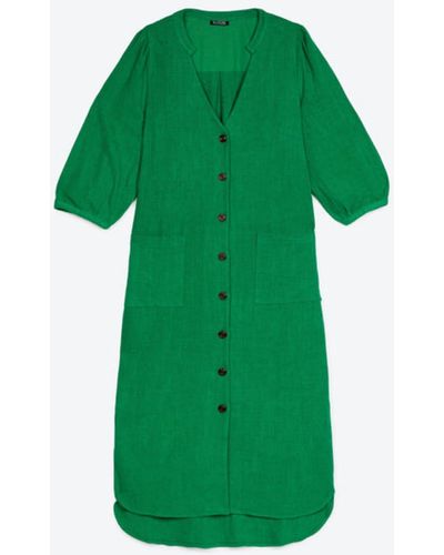 Lowie Linen Viscose Emerald Button Through Dress - Green