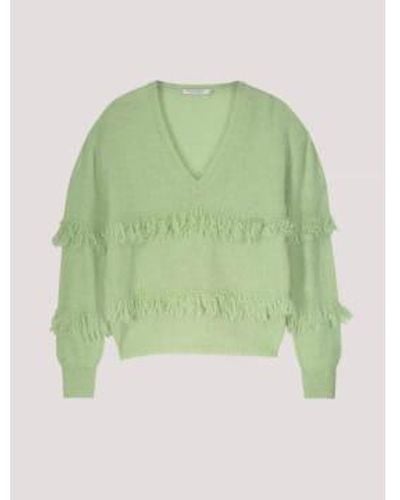 Summum Salbei weicher Pullover mit Fransen und V-Ausschnitt - Grün