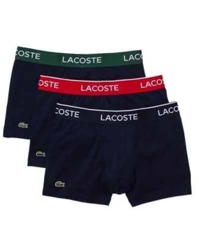 Lacoste 3 Pack Cotton Stretch Trunks With Red Green Navy Waistband - Blu