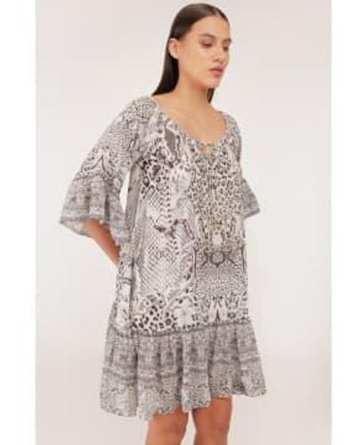 Inoa Scilla Matera Print Tied Ruffle Short Dress Col: S - Grey