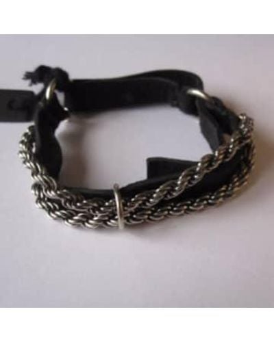 Goti 925 Oxidised Silver Rope Chain And Leather Bracelet One Size - Black