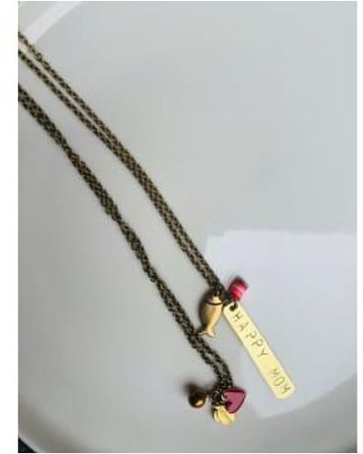 Unique Long Necklace With Pendants And Medal Happy Mom Writing Color - Metallic
