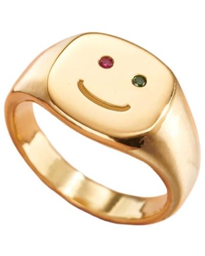 Posh Totty Designs Gold Plated Emerald And Ruby Smiley Face Signet Ring - Metallic