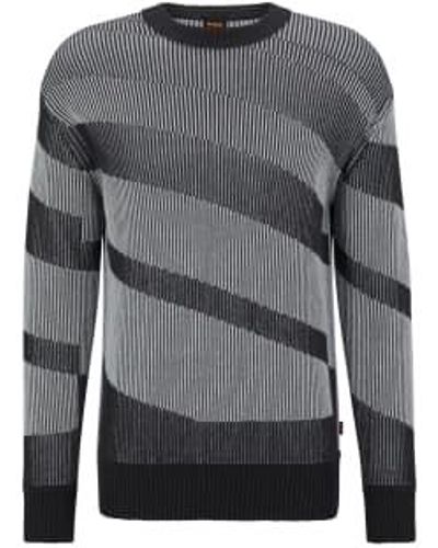 BOSS Relaxed-fit Cotton-blend Sweater With Blown-up Stripe - Gray