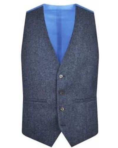 Torre Herringbone Tweed Suit Waistcoat - Blue